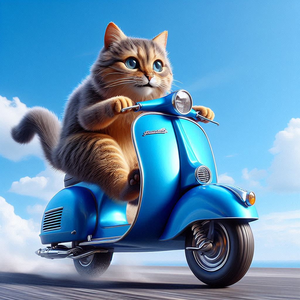cat riding a scooter
