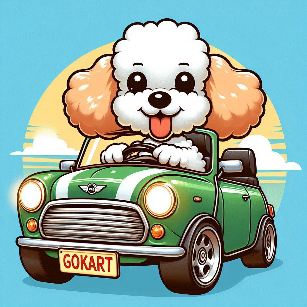 cartoon dog driving a mini cooper
