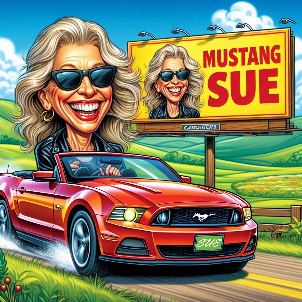 blonde woman driving a Mustang
